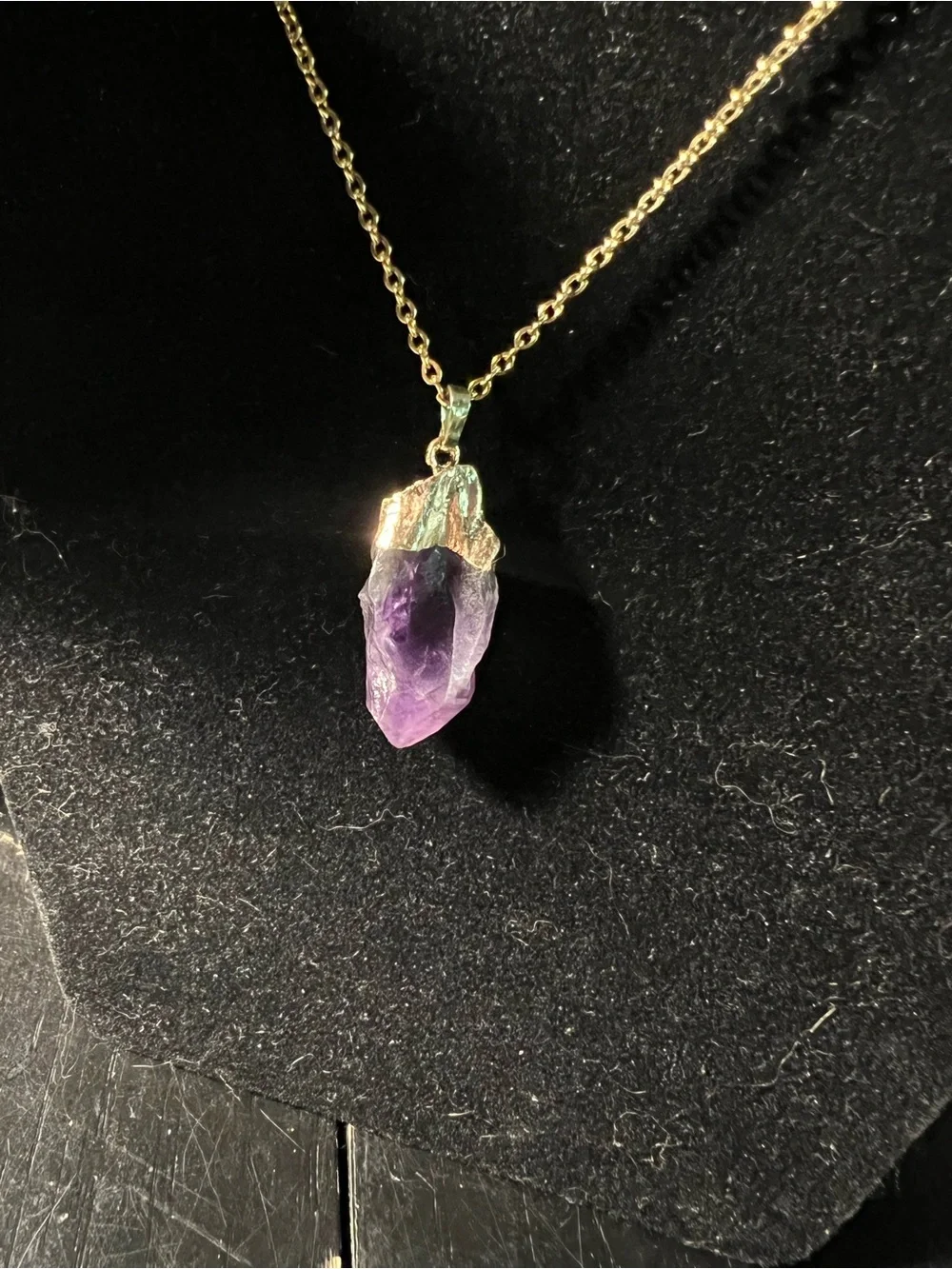 Raw Amethyst Crystal Pendant Necklace | 24” Gold Stainless Steel Chain